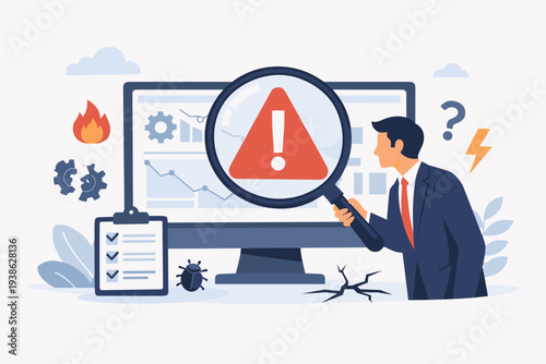 Businessman using a magnifying glass to identify root cause of system failure, incident management and risk assessment concept with software bugs, warning alerts, and troubleshooting icons.