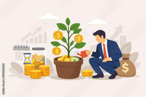 Businessman watering a money tree growing from a pot full of coins, representing investment growth, retirement fund savings, financial planning, wealth management, and profit accumulation.