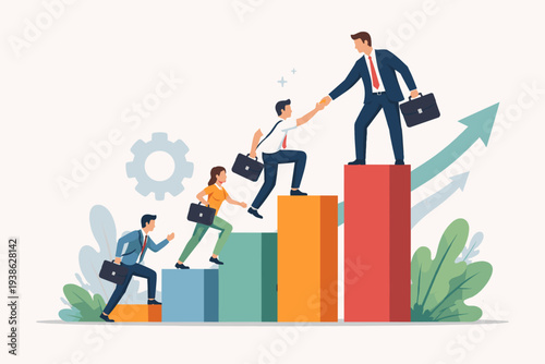 Business Growth and Leadership Concept with a Mentor Helping Employees Climb a Bar Chart to Success, Professional Career Path Development, Teamwork Support, Corporate Progress Illustration