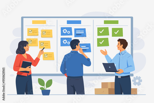 Professional team analyzing project workflow on a Kanban board with sticky notes for tasks. Agile management concept showing progress from to-do to finished, team collaboration and productivity.
