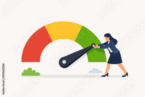 Businesswoman Pulling Needle on Gauge to Reduce Risk Level and Decrease Stress, Concept of Lowering Danger Indicator or Anxiety Scale from Red to Green, Business Optimization and Risk Mitigation.