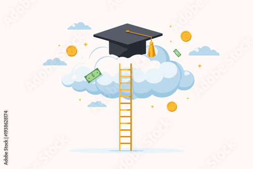 High Education Cost and Expense to Graduate Concept with Graduation Cap on Cloud and Ladder Reaching Up with Floating Money Coins and Bills for Student Debt and Tuition Fees Vector Illustration
