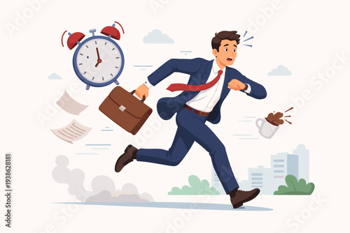Stressed Businessman Running Fast to Work with Briefcase and Spilling Coffee, Hurrying to Meet Deadline with Giant Alarm Clock in Background, Concept of Time Management and Office Pressure