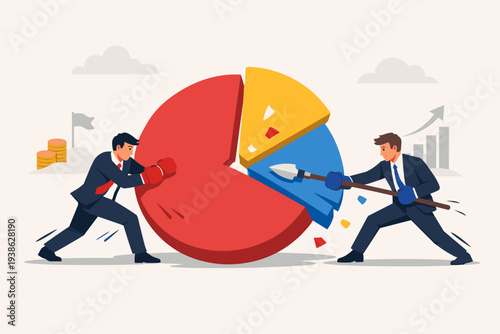 Businessmen in Suits Fighting for Market Share with Boxing Gloves and Spear, Corporate Rivalry and Aggressive Sales Strategy Concept for Industry Growth and Competitive Advantage Illustration