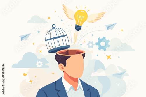 Creative mind concept with a man's head opening to release a winged lightbulb from a birdcage, symbolizing freedom of thought, innovation, imagination, and breakthrough ideas in business strategy.
