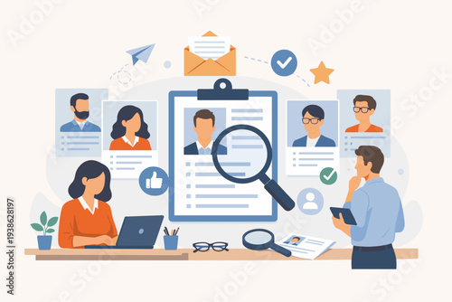 Recruitment and Hiring Process Illustration with HR Professionals Reviewing Candidate Resumes, Talent Validation, Job Applicant Screening, and Vacancy Selection for Business Employment Strategy.