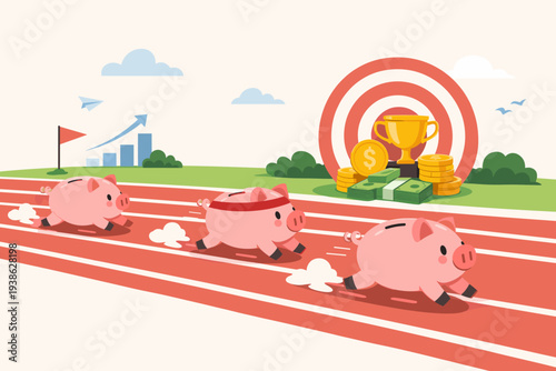 Pink piggy banks racing on a track towards a trophy and money prize, symbolizing mutual funds, stock investment performance, financial goals, savings competition, and business profit growth.