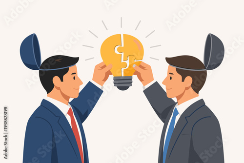 Two businessmen with open heads connecting lightbulb puzzle pieces, representing collaboration, shared insight, teamwork, creative problem solving, and innovative thinking for business success.