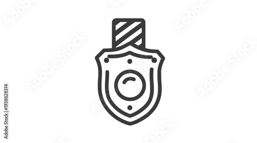 A stylized emblem with a shield shape, a central circle, and a rectangular top with diagonal lines