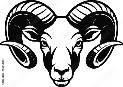 A black and white illustration of a ram's head with curved horns and a detailed facial expression
