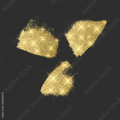 Vector set of three luxury golden brush strokes with glitter texture and shimmering sparkles. Smears with bright lens flares and glowing particles on a dark gray background elements for premium brandi