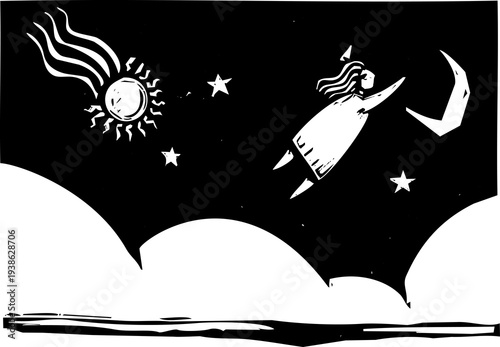 Bilde på lerret woodcut style image of a woman leaping into teh air to fly.