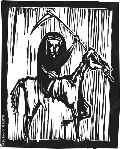 Woodcut style image of death on a horse