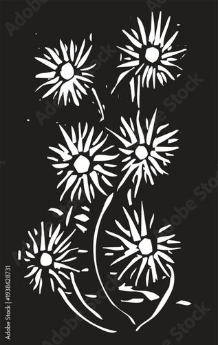 woodcut style image of a grouping of flowers