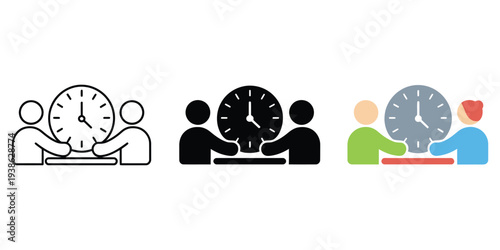 Time meeting icon set in three styles color black and white and outline isolated vector sign symbol for schedule planning appointment reminder business deadline concept