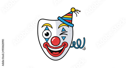 Funny Clown Face Mask with a Party Hat, Winking and Smiling on an Isolated White Background