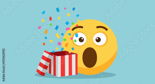 Surprised Emoji Face with an Open Gift Box and Exploding Confetti on a Light Blue Background in a Bright Studio