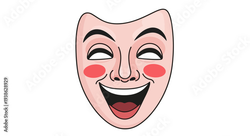 Theatrical Comedy Mask with Wide Happy Smile and Rosy Cheeks on Isolated White Background