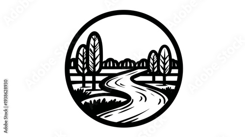 A black and white circular design of trees, a river, and a bridge