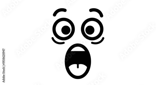 Cartoon Outline Face Emoji with Wide Eyes and Open Mouth Expressing Shock on Isolated White Background
