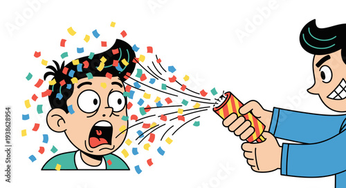 Startled Boy with Wide Eyes and Open Mouth Reacting to Confetti Exploding from a Party Popper on an Isolated White Background