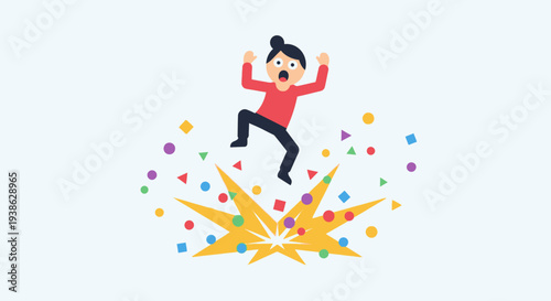 Energetic Person Jumping with Joy as Colorful Confetti Explodes on Light Blue Background