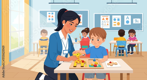 Caring Teacher Helping Young Boy Assemble Wooden Puzzle in Bright Classroom Setting