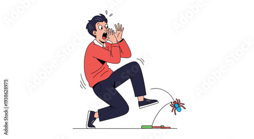 Scared Man Reacting with Fear to a Small Spider on the Floor on Isolated White Background