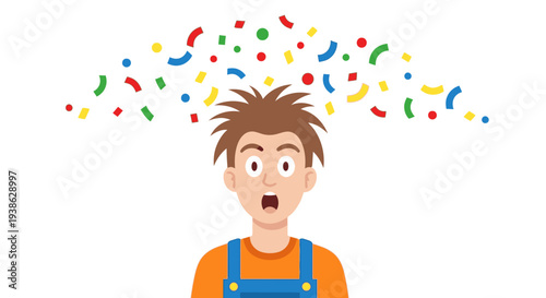 Surprised Young Boy with Open Mouth as Colorful Confetti Falls on Isolated White Background