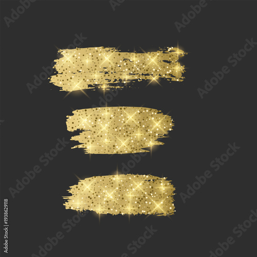 Vector set of three luxury golden brush strokes with glitter texture and shimmering sparkles. Smears with bright lens flares and glowing particles on a dark gray background elements for premium brandi