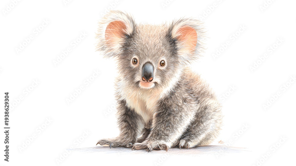 Fototapeta premium A charming koala sits, exuding a sense of tranquility, its soft fur and endearing features showcased against a clean backdrop.