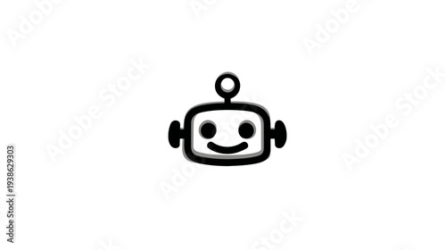 A friendly robot face icon with big eyes, smile, and a round head on a white background