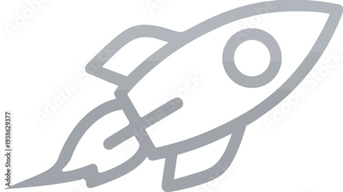 A simplified, grey illustration depicts a rocket ship with flames, taking off against a blank background