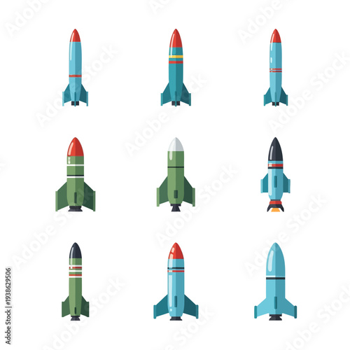 Illustration of ballistic missiles in various colors and designs arranged in a grid pattern on a clean white background viewed from directly above