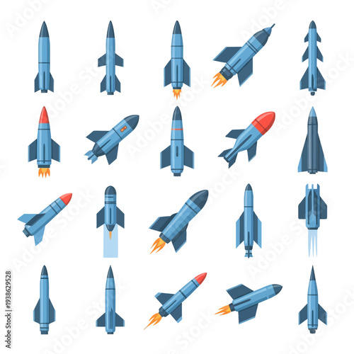 Collection of ballistic missiles and rockets in various orientations and designs, illustrated in a grid layout, viewed from a straightforward perspective.