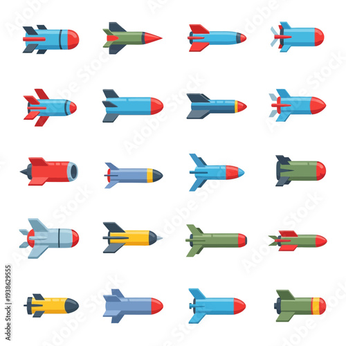 A ballistic arsenal of colorful rockets and missiles arranged in a grid pattern on a plain surface from a directly overhead viewpoint