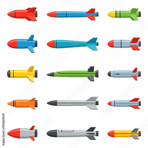 Assorted Ballistic Missiles and Rockets in Various Colors and Orientations, Displayed in a Grid Layout