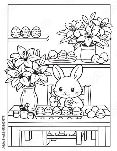 Cute Easter Bunny Painting Decorated Eggs at Table with Spring Flowers Coloring Page Line Art