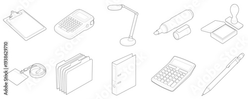 Isometric office stationery supplies clipboard calculator folders lamp marker