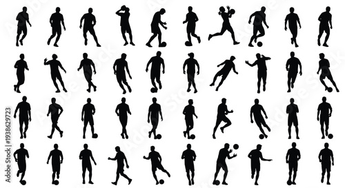 Collection of silhouettes of male soccer players in different poses isolated on white