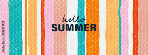 Summer retro aesthetic background. Yellow, blue, white, red, orange, pink  stripes. Calm peaceful vacation mood. Lounge comfort, resort concept. Relax cozy towel design.