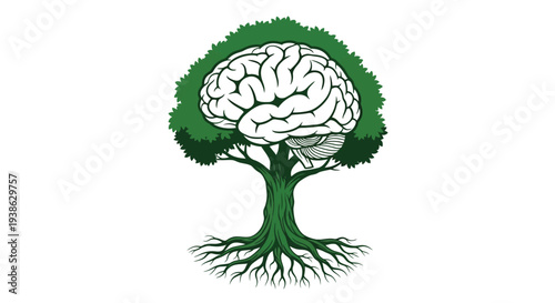 Creative illustration of a tree with human brain as its foliage and roots