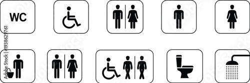 Toilet icon WC restroom sign printable sticker with woman man handicapped and baby symbols bathroom facility label isolated vector illustration for public restroom guidance