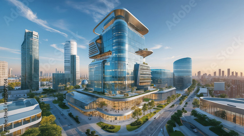 A futuristic corporate building with a sleek, curved glass exterior stands on a city corner