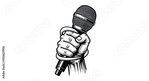 Hand holding a microphone illustration on a white background in black and white