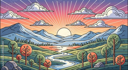 Vibrant landscape with mountains, river, and sunrise.