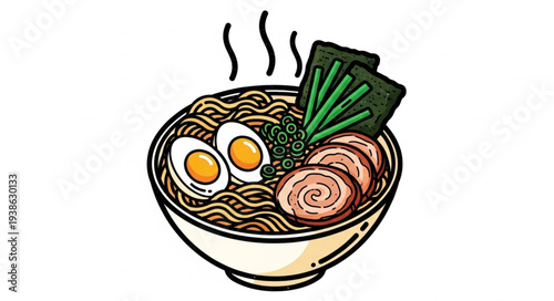 Steaming hot bowl of ramen noodle soup with egg and vegetables.