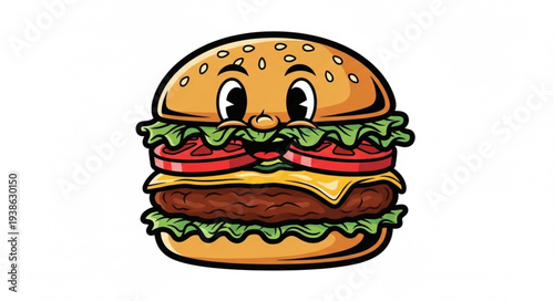 A cartoon hamburger with a smiling face and various toppings.