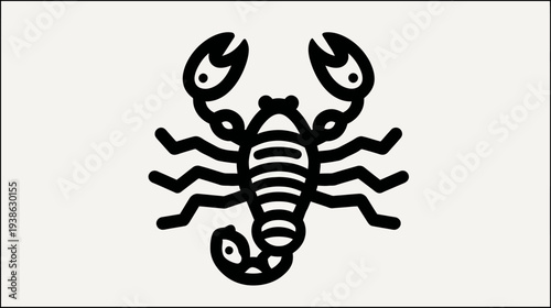 A stylized black and white illustration of a scorpion against a pale background