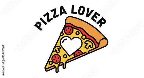 A cartoon slice of pizza with a heart in the center and the words Pizza Lover.